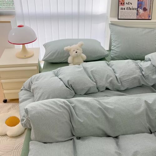 Image of MKXI Ultra-Fine Stripe Duvet Cover Set Queen, 100% Washed Cotton Green & White Textured Bedding, 3 Piece Breathable Comfy Farmhouse Style Duvet Cover with Pillow Shams