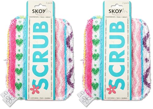 Image of Skoy Scrub, Reusable, Non-Scratching Dish Scrubber for Kitchen and Household Cleaning, Planet-Friendly, Dishwasher Safe Soft Scrub, Assorted Colors and Designs (Pack of 4)