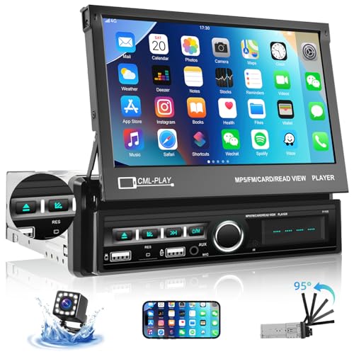CAMECHO 1 Din Autoradio con Schermo a Scomparsa,7 Pollici Pieghevole Motorizzato Touchscreen Stereo con Mirror Link/Bluetooth/FM/AUX/USB+Telecamera