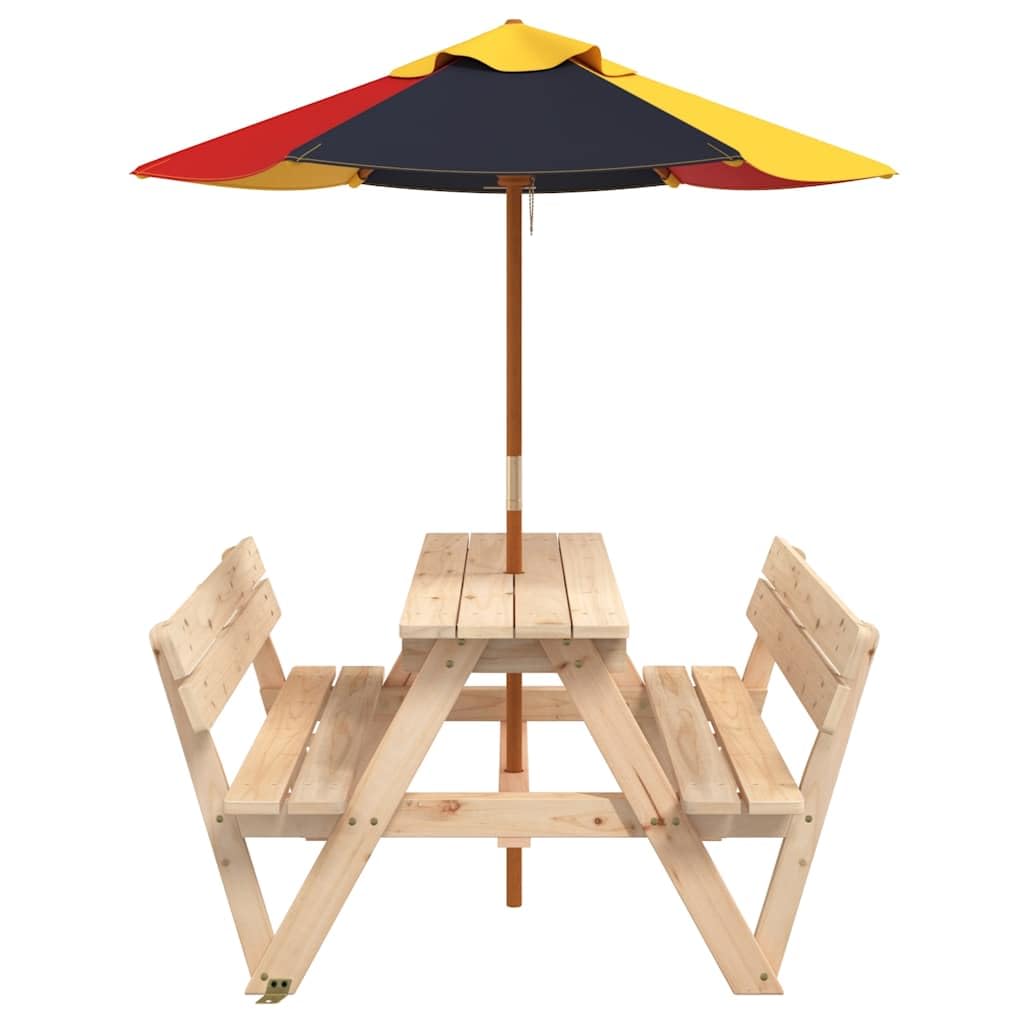 Tavolo da picnic per bambini con ombrellone in legno di abete massiccio, 4 posti, per giardino, terrazza, balcone e esterni, a forma di W, per picnic, barbecue e feste