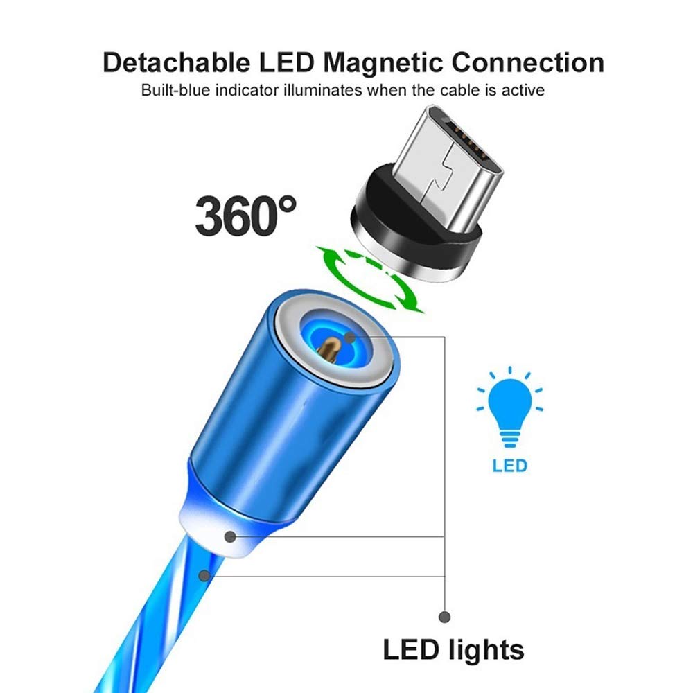 Streamer - Cable de carga magnético LED, cable de carga rápida de 3 A con rotación de 360° y 3 adaptadores (micro USB/i-Products/tipo C) compatible con todos los teléfonos inteligentes (6 pies-2 m)
