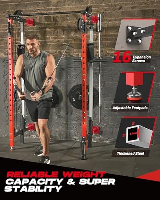 Folding Power Rack, Wall Mounted Power Cage with Dual Independent Pulley System, Multi-Function Squat Rack with 5 Adjustable Function Modes, 1350LBS Power Rack for Space Saving Home Gym