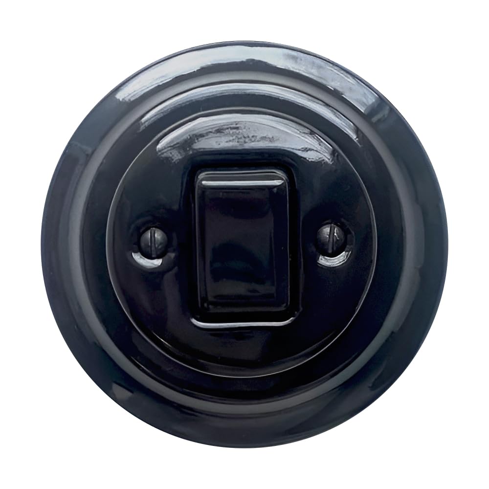 Porcelain Black Fat Key Light Switch – 1-Gang, Two-Pole Flush Mounted Ceramic Wall Switch, Vintage Cottage or Loft Style, CE Certified