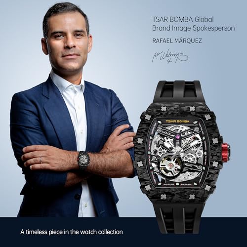 Image of TSAR BOMBA Men's Automatic Watch Tonneau Luxury Skeleton Watches for Men Mechanical 50M Waterproof Analogue Watches Mens Unique Cool Square Big Face Dial Wristwatch with Silicone Strap Band