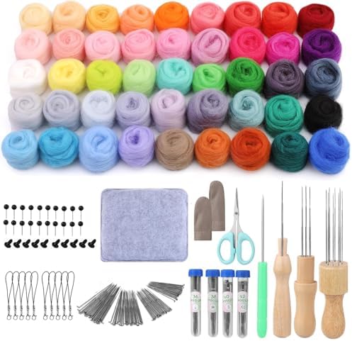 Needle Felting Kit for Beginners, 45 Colors Wool Roving, Complete Needle Felting Starter Kit with Needles, Finger Guards, Wooden Handle Scissor, Bag
