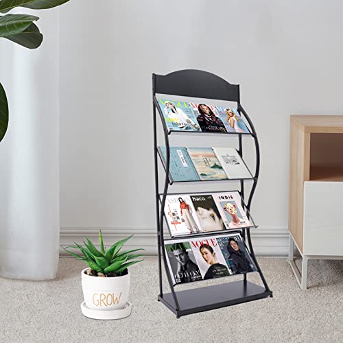 Estante para Libros manuales de 4 Niveles y Revistero de Piso Negro para Prensa y Catálogos 5