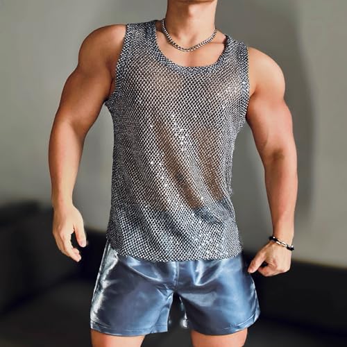 Mens Sexy Silver Metallic Reflective Fishnet Tank Tops Sleeveless See Through mesh Tank Shirt,Muscle Shirt for Men4
