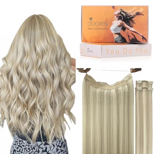 Image of DOORES Wire Hair Extensions, 14 Inch 75g Fish Line Weft Extensions and 2pcs 30g Clip ins Ash Blonde Highlighted Platinum Blonde, 100g Invisible Seamless Wire Real Human Hairpiece