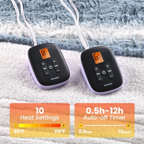 WOOMER Heated Blanket King Size 100" x 90", Electric Blanket with Dual Controls, 0.5-12 Hours Timer & 10 Heating Levels, ETL Certified, Blue White Flowers Patterns Faux Fur & Sherpa, Machine Washable — view 4