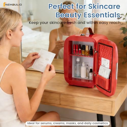 NEWBULIG Mini Fridge for Bedroom, Office & Car, Portable 4L/4.23QT Mini Refrigerator for Skincare with Handle, Ultra-Quiet Energy-Saving Compact Cooler for Drinks, Food, Skincare & Makeup, 12V AC/DC - 1