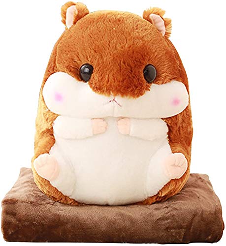 Kosbon 2 in 1 Cute Hamster Plush Stuffed Animal Toys Throw Pillow Blanket Set., soft plush and coral fleece, Dark Brown, One Size