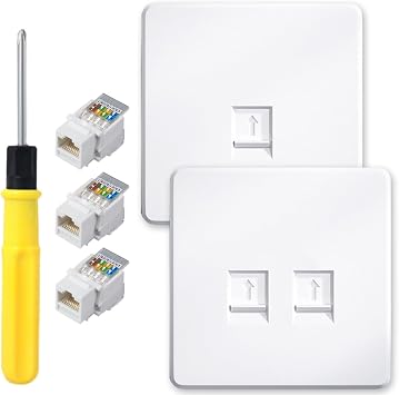 RJ45 Socket Ethernet Faceplate CAT6 Single 1-Port & Double 2-Way Socket Wall Plate for Ethernet Cable Networking Socket Box, with Tool-Free Network Connector Module