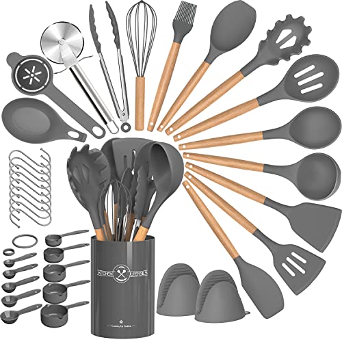Umite Chef 36-teiliges Silikon-Küchenutensilien mit Halter, hitzebeständiges Kochutensilien-Set mit Holzgriff, antihaftbeschichtet, Küchenhelfer inklusive Spatel, Pfannenwender, Pizzaschneider (grau) Cover