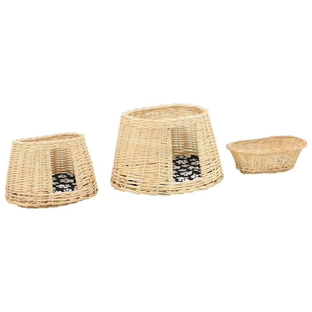 Set di 3 cestini per gatti fatti a mano, con cuscino rimovibile, 47 x 34 x 60 cm, in vimini naturale, per un riposo rilassante