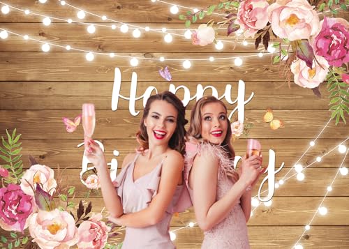 Rustic Wood Flower Happy Birthday Backdrop Blush Rose Butterfly Brown Wood Floor Photography Background Baby Shower Girl Ladies Birthday Party Banner Cake Table Decoration Photo Booth by BUTEN - Image 2
