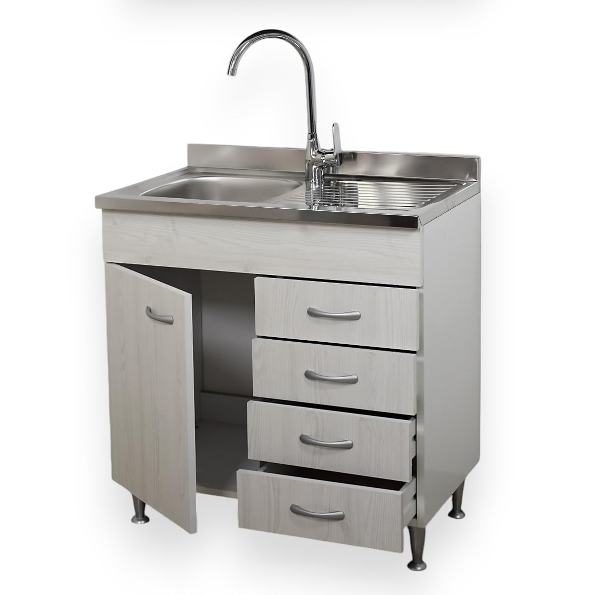 Yellowshop - Mobile cucina sottolavello a 1 anta e cassettiera cm 80 effetto legno frassino moire componibile con lavello inox e scolapiatti Basic (Sottolavello con lavello cass. Dx)