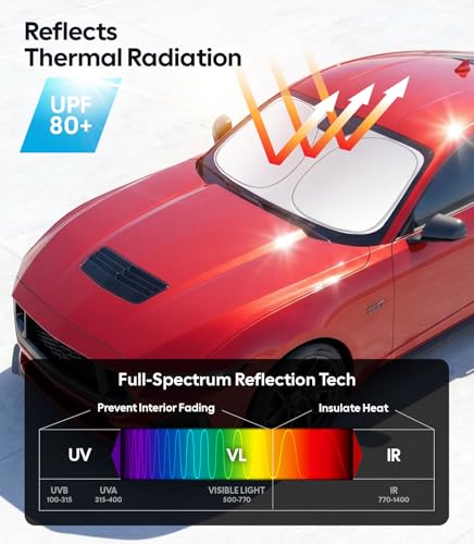 Image of Wigoo for Ford Mustang Windshield Sunshade [OEM Design, 100% Sun Blockage] Foldable Heat Insulation Sun Shade with Storage Bag, for Ford Mustang (2015-2026), Silver Coating