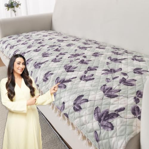 Image of HOKIPO Lavender Vine Quilted Sofa Cover Mat for 3 Seater Sofa with Tassels 'Tassel Twigs' Series (IN-985-T1)
