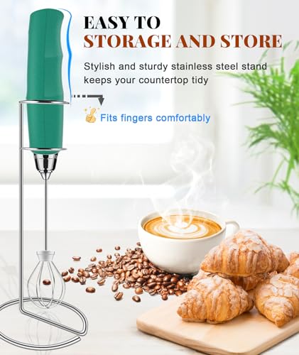 Image of YUSWKO Handheld Milk Frother Wand for Coffee, Rechargeable Electric Whisk with 3 Heads 3 Speeds Drink Mixer Coffee Frother For Latte, Cappuccino, Hot Chocolate, Egg, Green with Holder