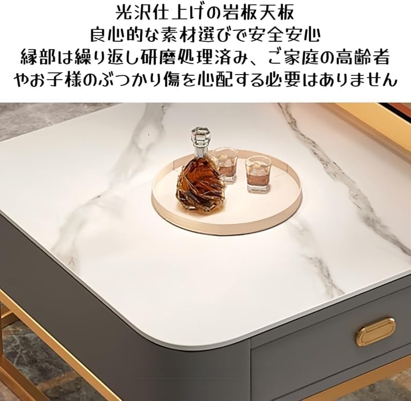 2 点セット 70 グレーガラス + 60 ホワイト岩板 黒フレーム白引き出し 【キャビネットファッションデスクベッドルーム】 大理石風天