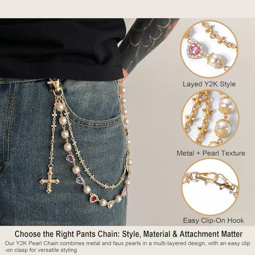 Image of Y2K Pearl Pants Chain Streetwear Jewelry- Unisex Layered Wallet Chain with Heart Cross Pendant, Punk Aesthetic Jeans Keychain Accessory for Men Women