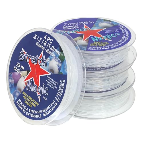 Stretch Magic Elastic Beading Cord Clear Color Size Assortment: .5 .7 .8 1mm 25-Meter (82 ft) in Total - Easy to Knot Strong & Stretchy String for Making Beaded Jewelry 4pc