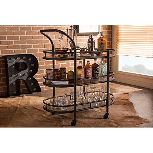 Baxton Studio Karlin Rustic Industrial Style Antique Textured Metal Distressed Wood Mobile Kitchen Bar Serving Wine Cart, Black, 33 X 18 X 37 #TOP4