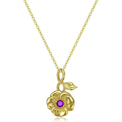 Birth Flower Necklace for Women 925 Sterling Silver 14K Gold Plated with Birthstone, Cute Birth Month Floral Pendant Dainty Jewelry, Anniversary Birthday Gifts for Her Mom Wife Daughter Friends