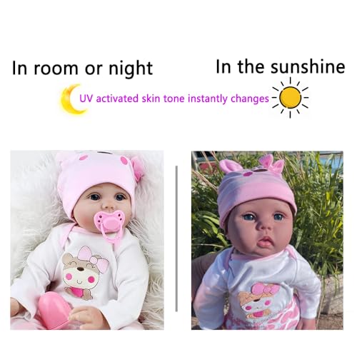WOOZHI MagicTan UV-Reaktive Reborn Puppe 55cm - Sonnenempfindliche Baby Puppe mit Farbwechsel-Haut, Weiches Silikon, Sofort Bräunungseffekt, Neugeborene Puppe Realistisches Spielzeug für Mädchen – Bild 8