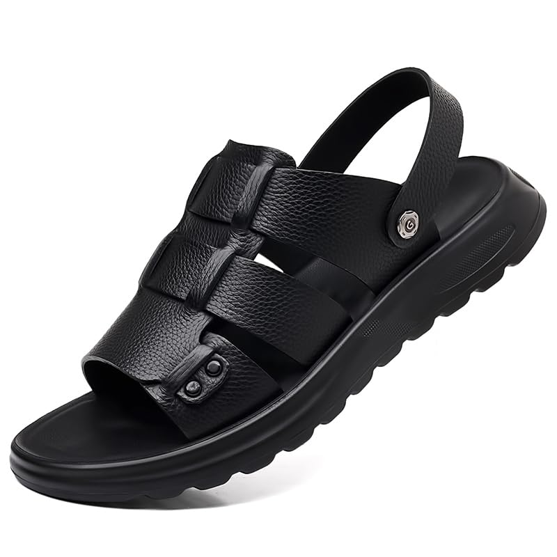 Men's Leather Flat Fashon Comfort Sandals with Adjustable Dual-Purpose Straps Soft Sole Open Toe Platform Slide-In Non-Slip Beach Water Slippers for Casual Walking Office Business Travel
