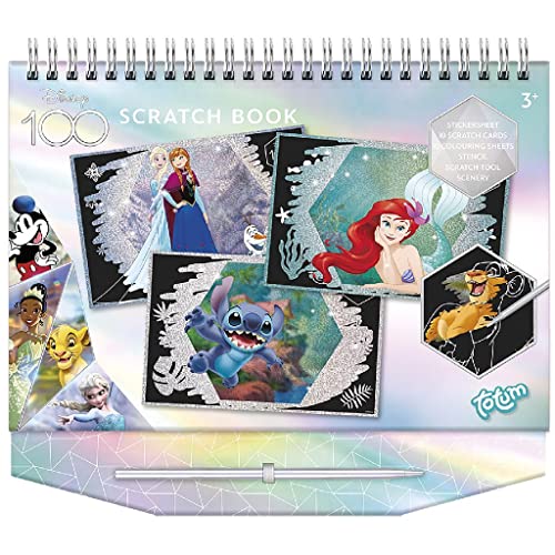 Totum Disney Scratch 300255 - Libro da colorare con stencil e adesivi glitterati con Anna & ELSA, Topolino, Simba, UVM. Activity Book per casa e in viaggio, multicolore, M