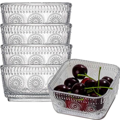 Orkim 4in 10oz Clear Glass Cereal Candy Snack Bowls Set, Vintage Ice Cream Yogurt Serving Bowl, Embossed Fruit Dessert Dish Plate, Crystal Square Side Prep Dishes for Desk Set of 4 - Sunflower