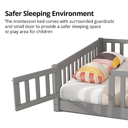 I-Pook Full Montessori Floor Bed For Children, Sturdy Wood Frame With Wood Slats, Fence & Door For Girls And Boys, Gray (With Bed Slats) #TOP2