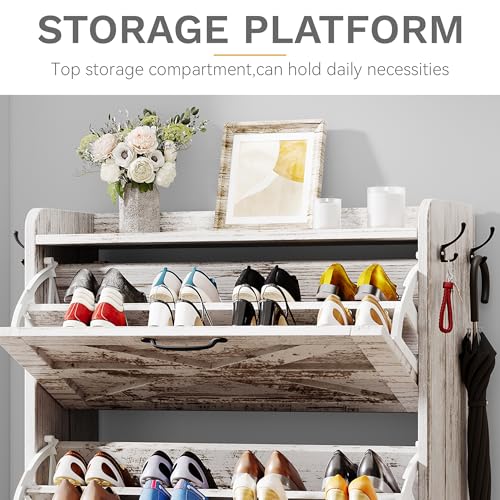 DWVO Farmhouse Shoe Storage Cabinet with 3 Flip Drawers, Slim Shoe Cabinet for Up to 24 Pairs, Narrow Shoe Rack for Entryway, Living Room, Hallway (Vintage White)