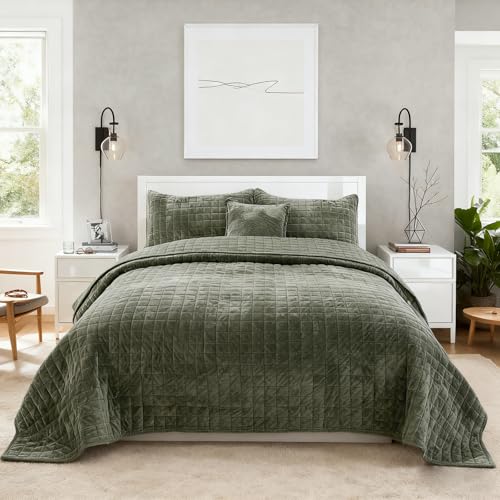 COCOPLOCEUS King Velvet Quilt Set 3pcs Army Green