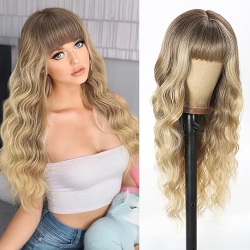 Laprakor Long Ombre Blonde Wavy Wig, 26 Inch Middle Part Curly Wavy Wig, Glueless Wigs Human Hair Natural Looking Synthetic Heat Resistant Fiber Wig for Daily Party Use (Ombre Blonde(With bangs))