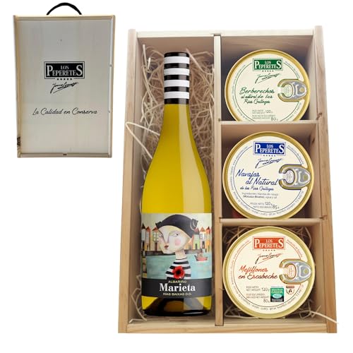 LOS PEPERETES Pack Gourmet Marisco Gallego con Vino Marieta | Berberechos ×2 · Navajas ×2 · Mejillones Escabeche ×2 | Selección Delicatessen Gourmet