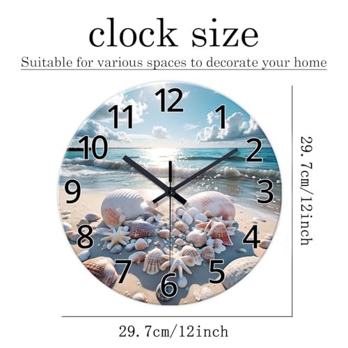 Image of XNM Analog Glass Blue Beach Wall Clocks Battery Operated 12 Inch | Round Sea Shell Wall Clocks for Living Room Bathroom Bedroom Kitchen Office Coastal Modern Wall Clock Non Ticking