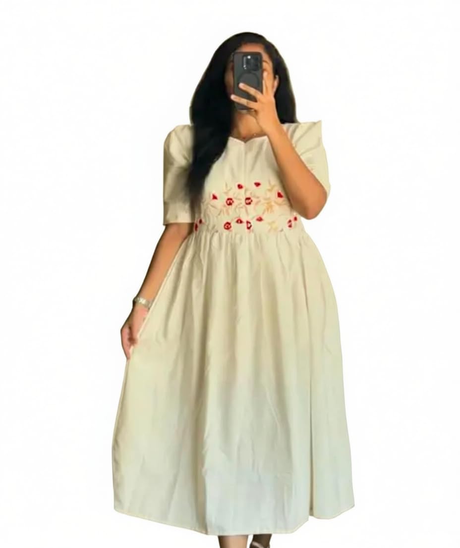 Women's Cotton Midi Dress, Off-White with Floral Embroidery, Short Sleeves, A-Line Silhouette, Casual Summer Wear-picture-30
