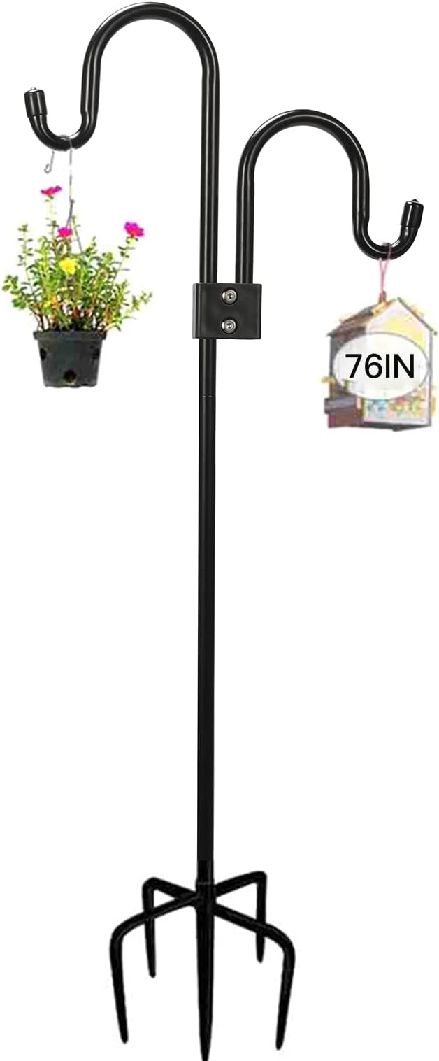 Double Shepherds Hook for Outdoor, 28.5 to 76 Inch Adjustable Bird Feeder Pole for Outside with 5-Prong Base, Heavy Duty Garden Hook for Plant Hanger Stand, Lanterns, Wind Chime