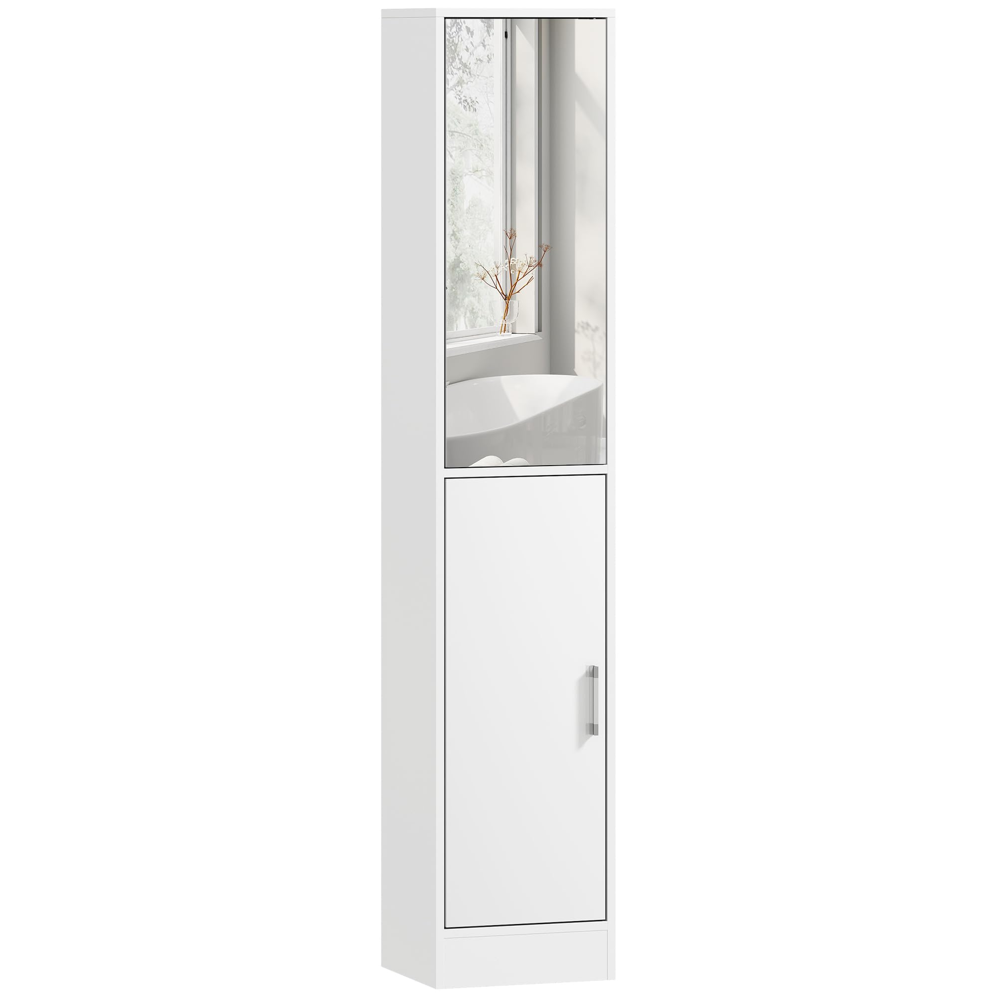 kleankin Armario para Baño Alto Mueble Columna de Baño con Espejo 2 Puertas y Estantes Interiores Ajustables Multiusos para Cocina Salón 32x28x162 cm Blanco