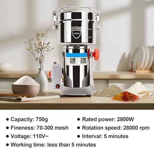 Greatrue Moinho de Grãos Elétrico, 750G Moedor de Grãos de Aço Inoxidável para Milho Seco Café Trigo