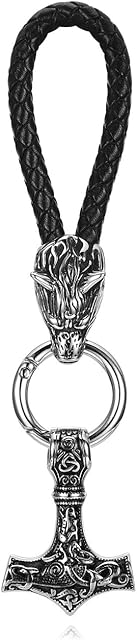 PiercingJak Men Black Genuine Leather Norse Viking Thor's Hammer Keychain Stainless Steel Vintage Nordic Viking Mjolnir Key Rings Amulet Pendant Celtic Pagan Symbol Key Chain