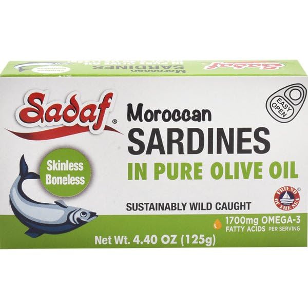 Sadaf Sardinas marroquíes prémium en aceite de oliva, sardinas sostenibles capturadas en la naturaleza para cocinar, sardinas enlatadas en aceite de