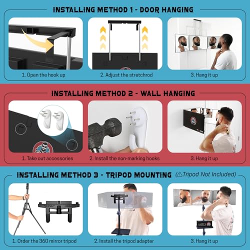 Image of The 360 Mirror Trifold Barber 3 Way Mirror for Self Hair Cutting System | Trifold Barber Mirror to Cut Your Own Hair and Beard, See Back of Head, Height Adjustable - Free Tutorials, 1 Year Warranty