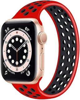 سوار رياضي مرن باستك من السيليكون مزود بمسامات للتهوية بنمط حلقة مفردة مثقبة مقاس 42-44-45-49 ملم لساعة ابل سلسلة 8-7-6-5-4-3-SE-التر بلون احمر واسود M - 180 One Size سيليكون للبالغين الجنسين