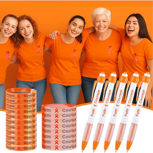 Image of Qilery 120 Pcs Leukemia Awareness Items Gifts Set - Orange Ribbon Lapel Pins, Kidney Cancer Multiple Sclerosis Awareness Bracelets, Hope Strength Retractable Pens, Organza Bag Bulk for Event Charity