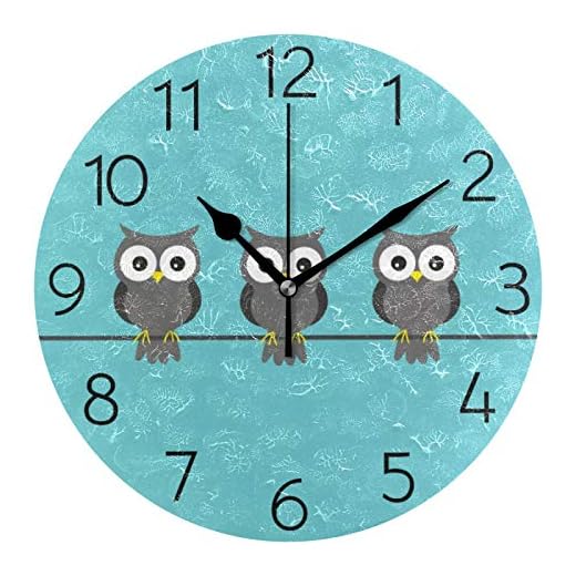 UNISE Blue Owl Round Wall Clock Silent Non Ticking Battery Operated Decorative Acrylic Wall Clock Humming Bird Creative Clock for Home School Office Kitchen