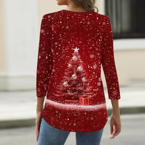 Image of Women Christmas Shirt 3 /4 Length Sleeve Henley Tops Xmas Outfits