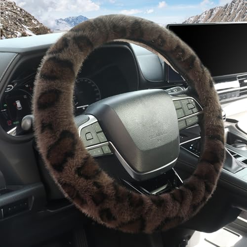 ZHOL Fuzzy Car Steering Wheel Cover Universal Fit Fur Auto Wheel Cover Leopard Warm Fluffy Vehicle Wheel Protector Car Accessories Cheetah Print Steering Wheel Cover for Men Women (Brown)